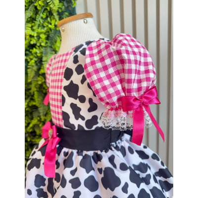 Vestido Infantil Xadrez Pink Fazendinha Vaquinha Boiadeira Laço