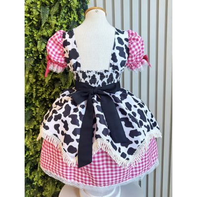 Vestido Infantil Xadrez Pink Fazendinha Vaquinha Boiadeira Laço