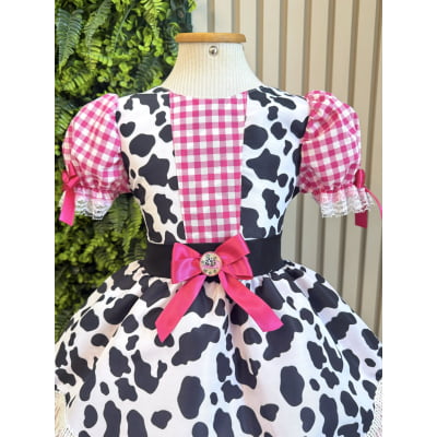 Vestido Infantil Xadrez Pink Fazendinha Vaquinha Boiadeira Laço