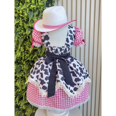 Vestido Infantil Xadrez Pink Fazendinha Vaquinha Boiadeira Laço