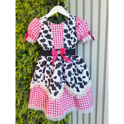 Vestido Infantil Xadrez Pink Fazendinha Vaquinha Boiadeira Laço
