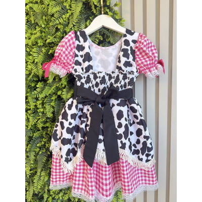 Vestido Infantil Xadrez Pink Fazendinha Vaquinha Boiadeira Laço
