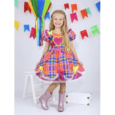 Vestido Infantil Xadrez Pink Laranja Junino Laço