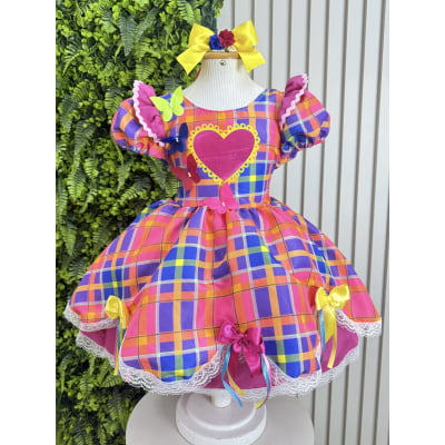 Vestido Infantil Xadrez Pink Laranja Junino Laço