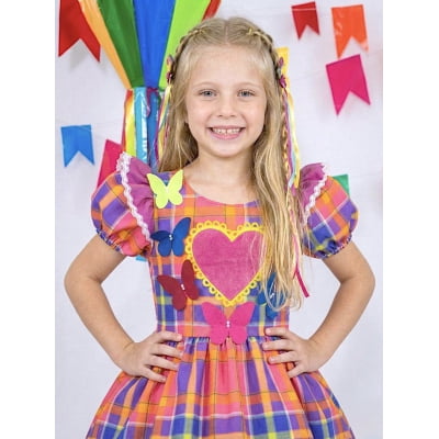 Vestido Infantil Xadrez Pink Laranja Junino Laço