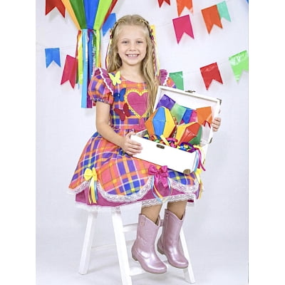 Vestido Infantil Xadrez Pink Laranja Junino Laço