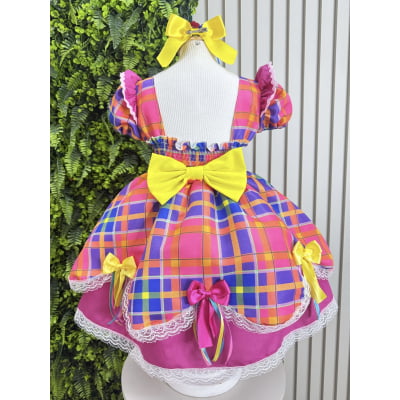 Vestido Infantil Xadrez Pink Laranja Junino Laço