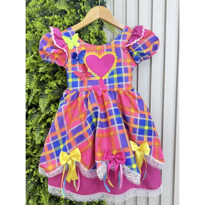 Vestido Infantil Xadrez Pink Laranja Junino Laço
