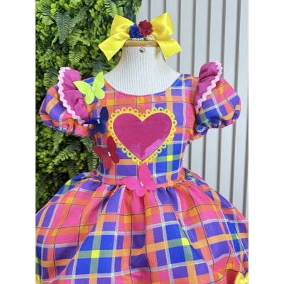Vestido Infantil Xadrez Pink Laranja Junino Laço