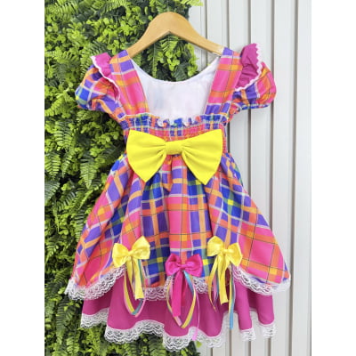 Vestido Infantil Xadrez Pink Laranja Junino Laço
