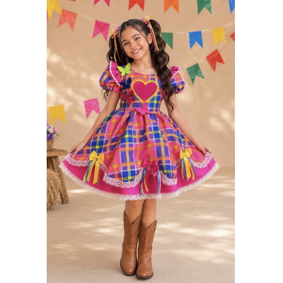 Vestido Infantil Xadrez Pink Laranja Junino Laço