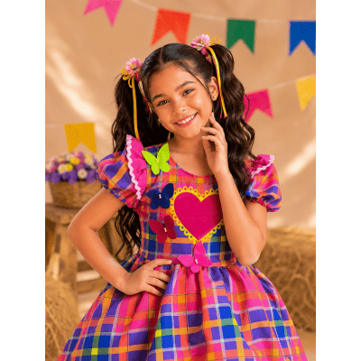 Vestido Infantil Xadrez Pink Laranja Junino Laço