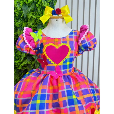 Vestido Infantil Xadrez Pink Laranja Junino Laço