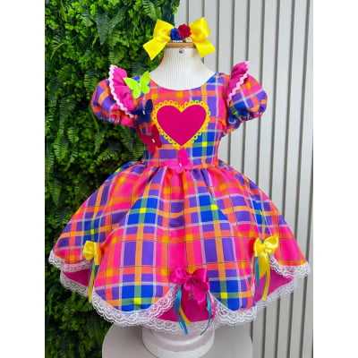 Vestido Infantil Xadrez Pink Laranja Junino Laço