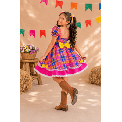 Vestido Infantil Xadrez Pink Laranja Junino Laço