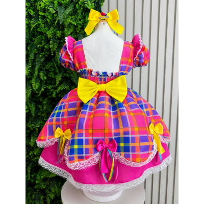 Vestido Infantil Xadrez Pink Laranja Junino Laço
