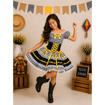Vestido Infantill Junino Preto Xadrez Arraiá Laço Amarelo
