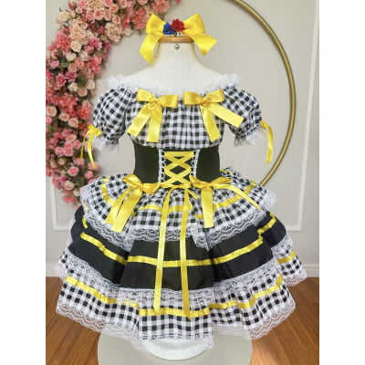 Vestido Infantill Junino Preto Xadrez Arraiá Laço Amarelo