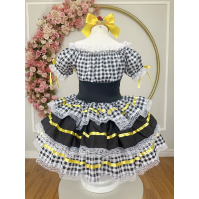 Vestido Infantill Junino Preto Xadrez Arraiá Laço Amarelo