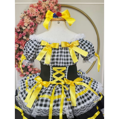 Vestido Infantill Junino Preto Xadrez Arraiá Laço Amarelo