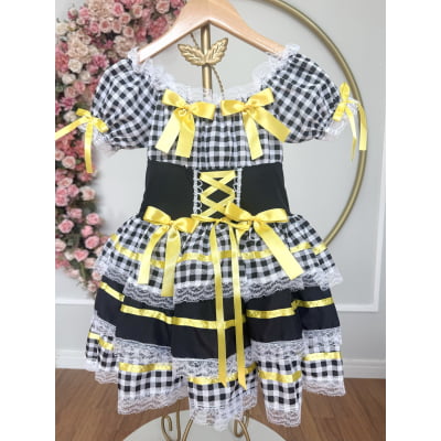 Vestido Infantill Junino Preto Xadrez Arraiá Laço Amarelo