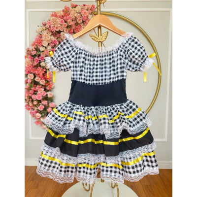 Vestido Infantill Junino Preto Xadrez Arraiá Laço Amarelo
