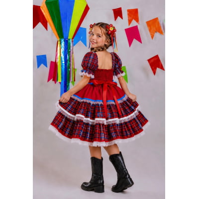 Vestido Junino Arraiá Festa Vermelho Xadrez Colorido