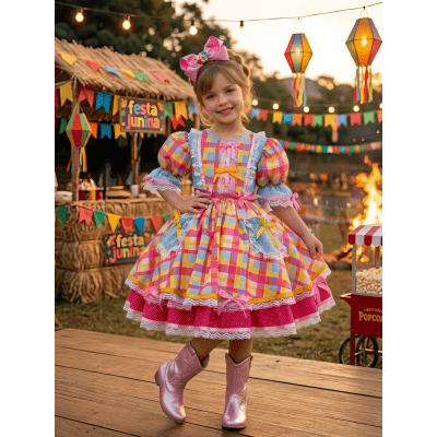 Vestido Junino Arraiá Festas Azul Xadrez Colorido