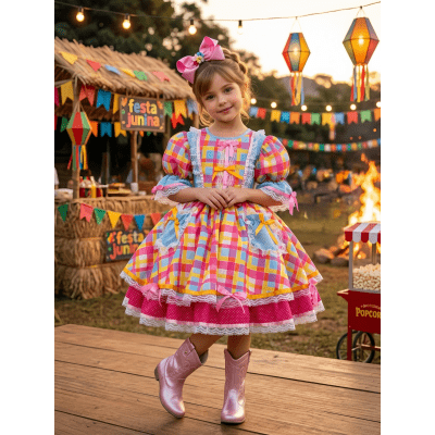 Vestido Junino Arraiá Festas Azul Xadrez Colorido