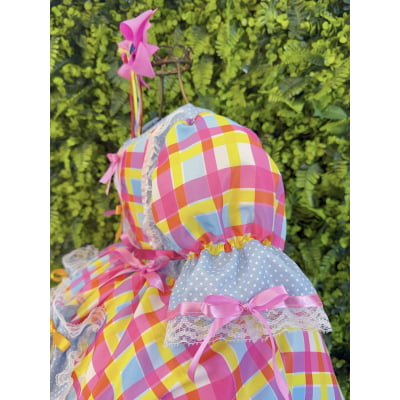 Vestido Junino Arraiá Festas Azul Xadrez Colorido