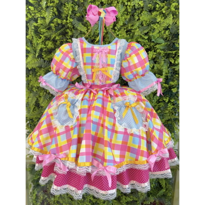 Vestido Junino Arraiá Festas Azul Xadrez Colorido