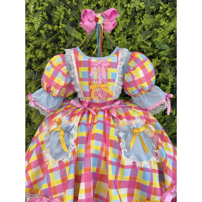 Vestido Junino Arraiá Festas Azul Xadrez Colorido