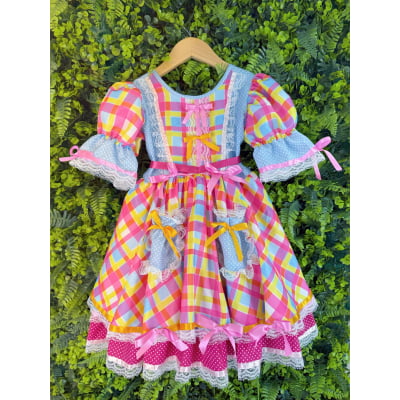 Vestido Junino Arraiá Festas Azul Xadrez Colorido