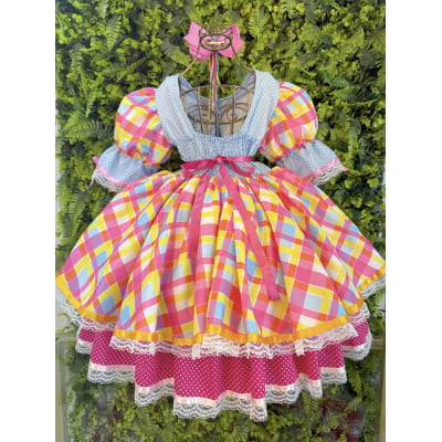 Vestido Junino Arraiá Festas Azul Xadrez Colorido
