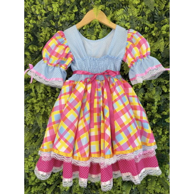 Vestido Junino Arraiá Festas Azul Xadrez Colorido