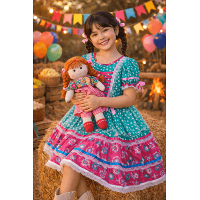 Vestido Junino Arraiá Festas Verde com Saia Colorida