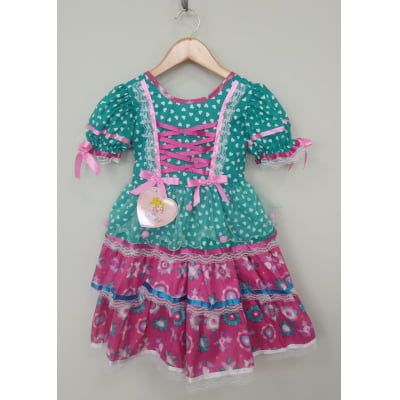 Vestido Junino Arraiá Festas Verde com Saia Colorida