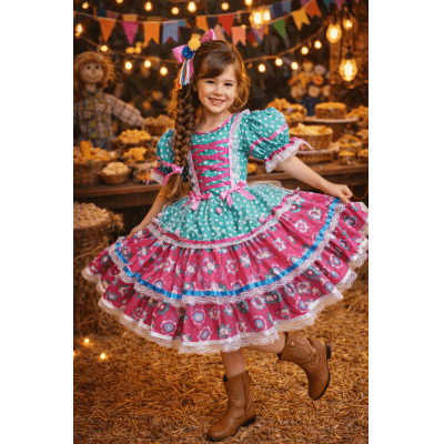 Vestido Junino Arraiá Festas Verde com Saia Colorida