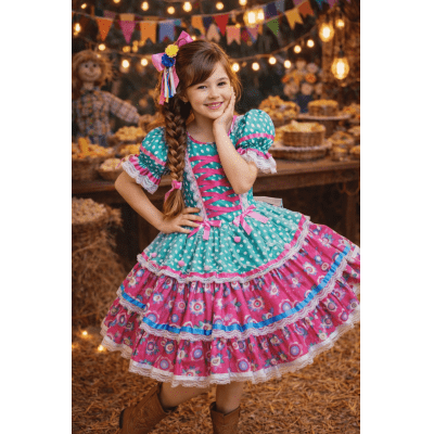 Vestido Junino Arraiá Festas Verde com Saia Colorida