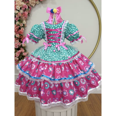 Vestido Junino Arraiá Festas Verde com Saia Colorida