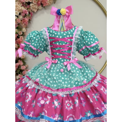 Vestido Junino Arraiá Festas Verde com Saia Colorida