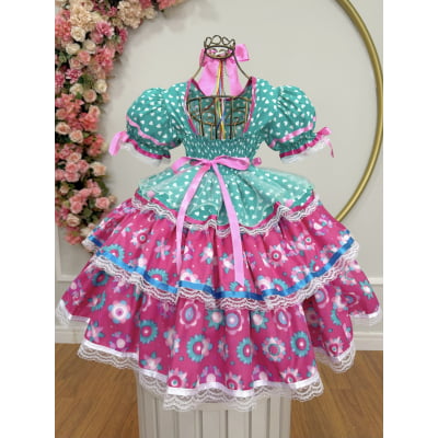 Vestido Junino Arraiá Festas Verde com Saia Colorida