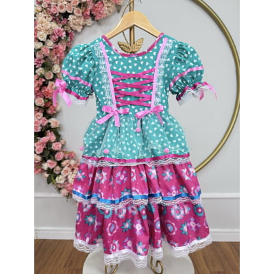 Vestido Junino Arraiá Festas Verde com Saia Colorida