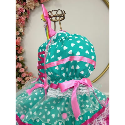 Vestido Junino Arraiá Festas Verde com Saia Colorida