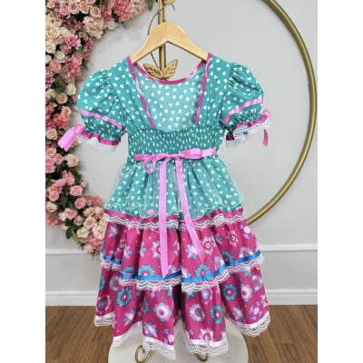 Vestido Junino Arraiá Festas Verde com Saia Colorida