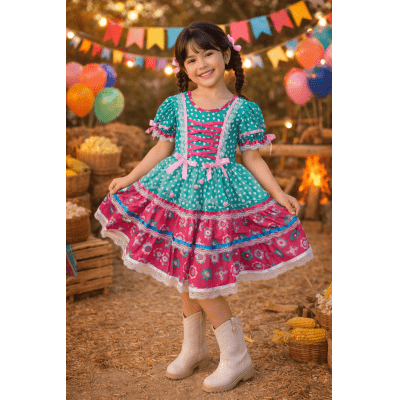 Vestido Junino Arraiá Festas Verde com Saia Colorida
