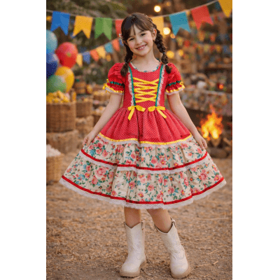Vestido Junino Arraiá Festas Vermelho Saia Colorida