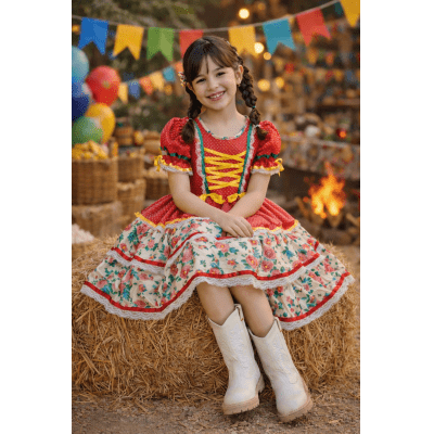 Vestido Junino Arraiá Festas Vermelho Saia Colorida