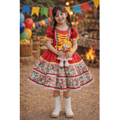 Vestido Junino Arraiá Festas Vermelho Saia Colorida