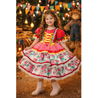 Vestido Junino Arraiá Festas Vermelho Saia Colorida